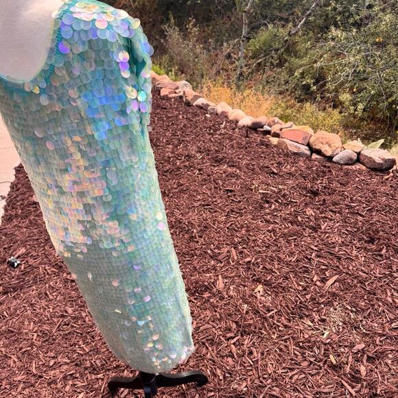 Vintage Norma Kamali dress sequined sequin teal Turquoise mermaid sz L paillete - Picture 7 of 17
